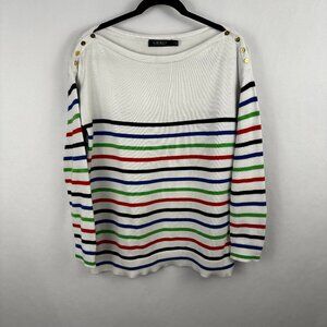Ralph Lauren Women Sweater White Mulitcolor Rainbow Stripes Gold‎ Buttons Size M